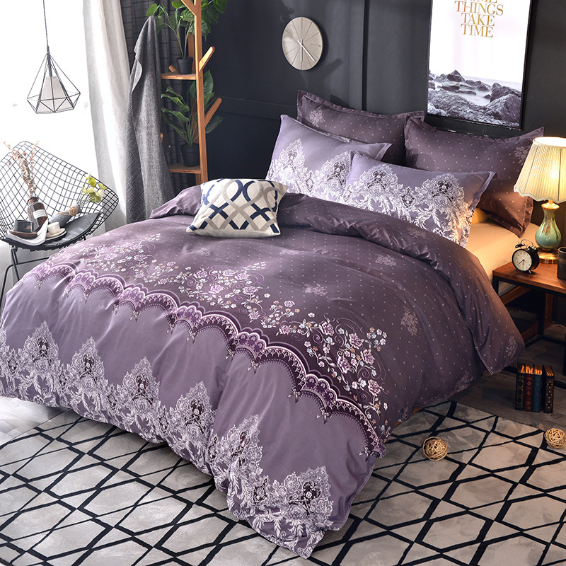 Microfiber Bedding Duvet Cover Sets Elegant Printed Pattern Soft Zipper Closure Corner Ties Purple