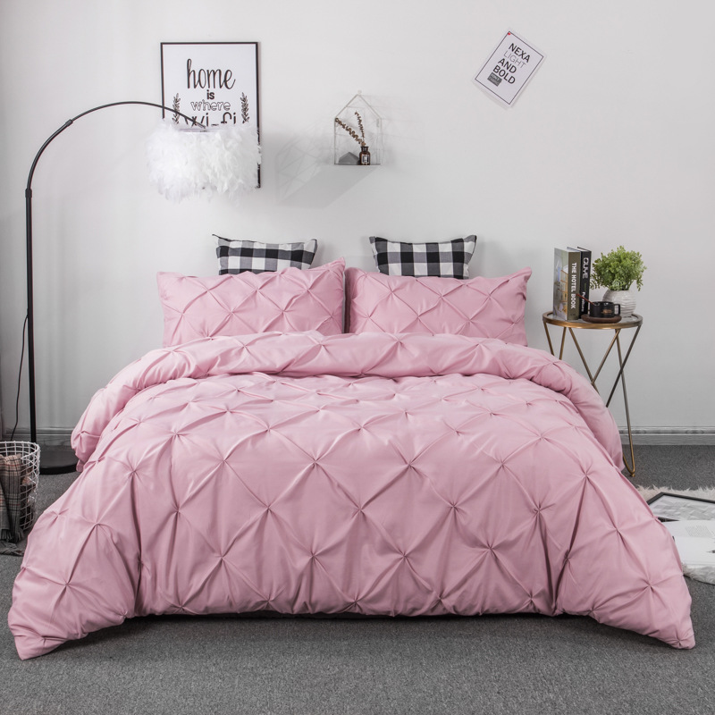 3 Piece Pinch Pleated Duvet Cover with Zipper Closure,Microfiber Pintuck Duvet Cover (Pink, King)
