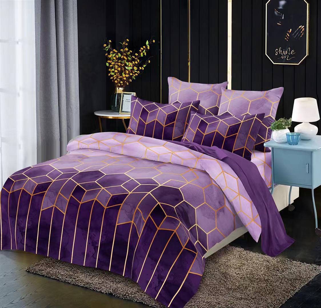 Microfiber Bedding Duvet Cover Sets Modern Printed Pattern Soft Zipper Closure Corner Ties Purple