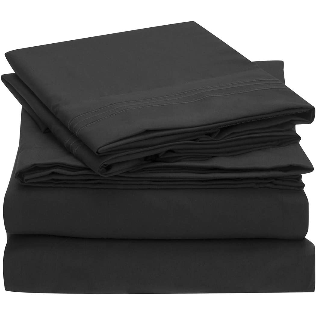 Black Bed Sheet Set With Embroidery Border Brushed Microfiber Bedding Flat Sheet Fitted Sheet 4Piece
