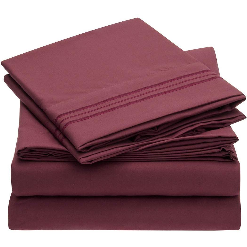 Burgundy Bed Sheet Set With Embroidery Border Brushed Microfiber Flat Sheet Fitted Sheet 4 Piece